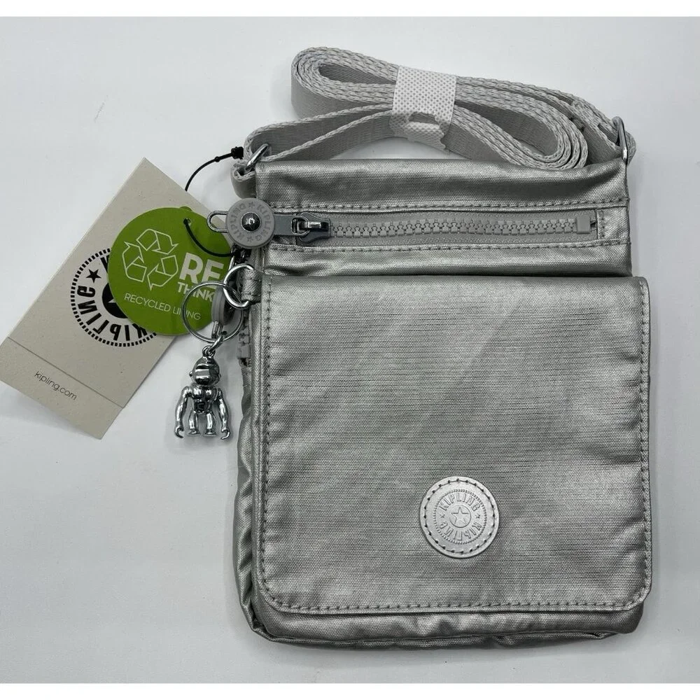 Kipling‎ Eldorado Mini Crossbody Silver Bright Metallic Bag Monkey charm